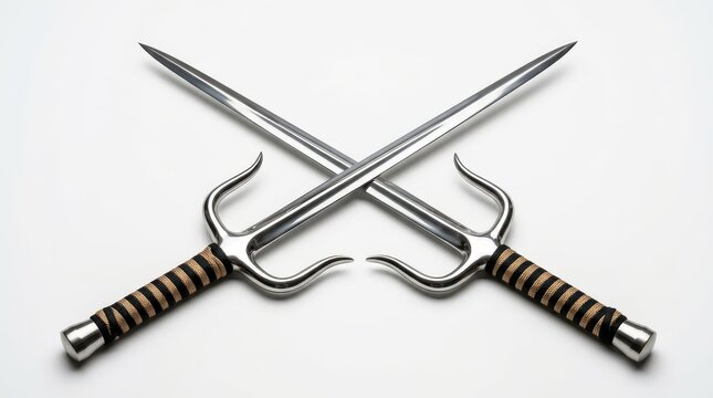Pair of Traditional Okinawan Sai Martial Arts Weapons Crossed on a White Background for Combat Training and Defense