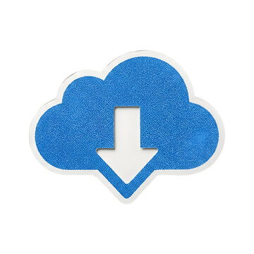 Cloud download icon featuring textured blue surface with white arrow symbol and clean soft shadow effect created for digital interfaces placed on transparent background