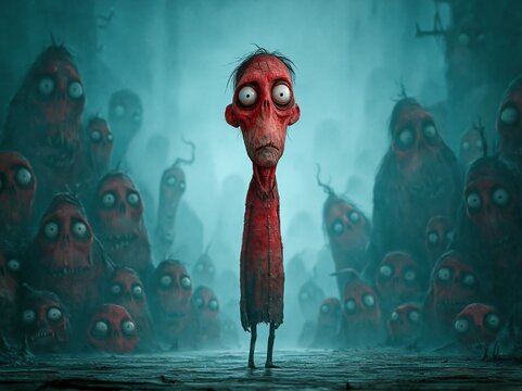 A gaunt, red creature stands in a misty, eerie crowd.