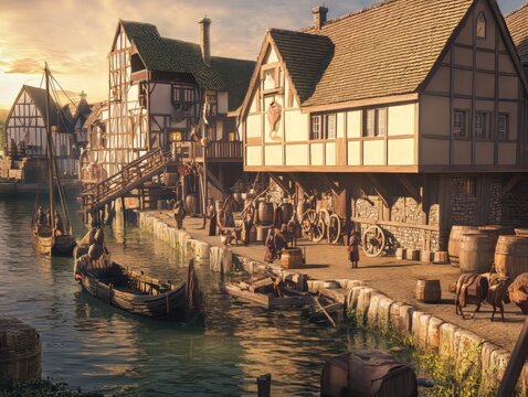 Traditional Medieval Shipwright Repairing Wooden Hull Beside Busy Hanseatic Quay