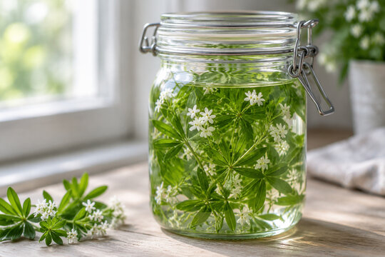 Fresh sprigs of sweet woodruff submerged in clear liquid in a jar.