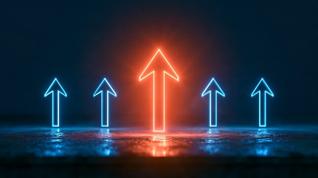 Glowing neon arrows pointing up, red leadership arrow rising above blue group, business growth and success concept