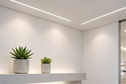 White ceiling with linear lights and succulents on shelf, modern interior