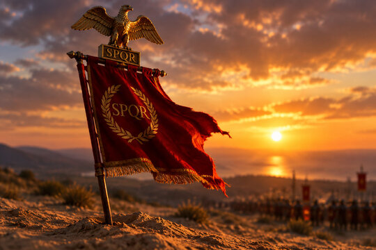 A red Roman legionary standard with a golden eagle planted in sandy soil.