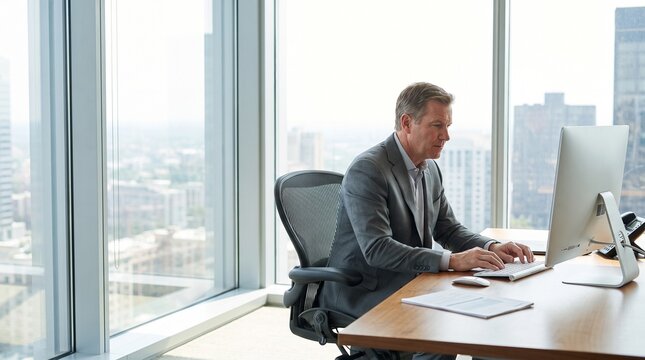 Professional Corporate Executive Seated in a High-end Black Mesh Ergonomic Desk Chair Designed for Optimal Support for Body Posture, Typing on a Desktop Computer in a Bright Corner Office