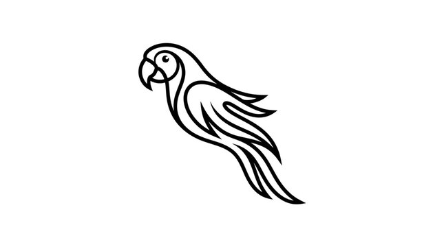 Minimalist black line art illustration of a tropical parrot with elegant flowing lines, perfect for logos and graphic design.