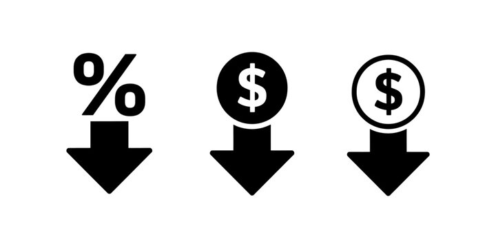 Black icons of percentage and dollar currency symbols with downward arrows representing price reduction and discount