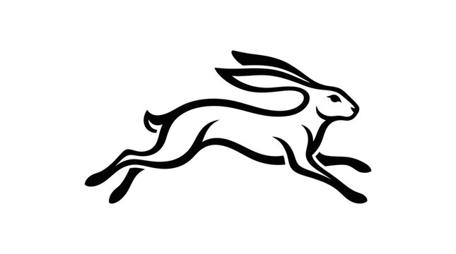 Stylized running rabbit or leaping hare line art illustration, black and white vector icon for speed and agility design