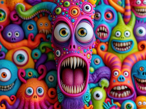 Colorful whimsical monsters with a wide-mouthed creature