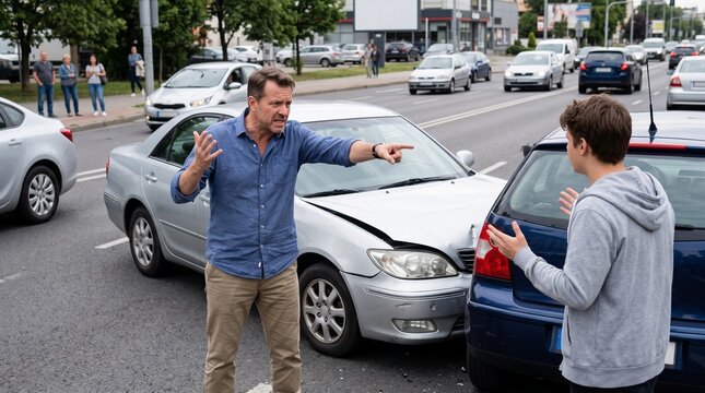 Stressed Automobile Owner Making a Blameful Your Fault Gesture After Vehicle Collision on Asphalt Road During Daytime Traffic Incident