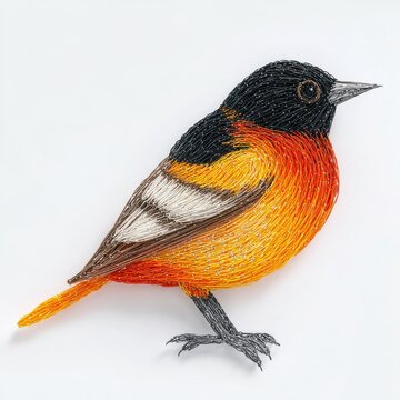 Stitched Embroidery Art Of A Colorful Baltimore Oriole Bird On A Clean White Background
