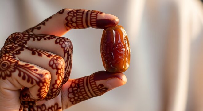 Woman holding a single dried date fruit with intricate henna tattoos