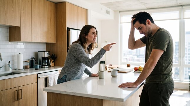 Frustrated Partner Expressing Emotional Marital Conflict by Making an Accusatory Your Fault Gesture in Modern Bright Sunlit Apartment Kitchen