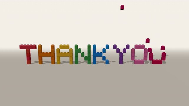 Colorful 3D construction bricks falling and assembling into a Thank You typography.