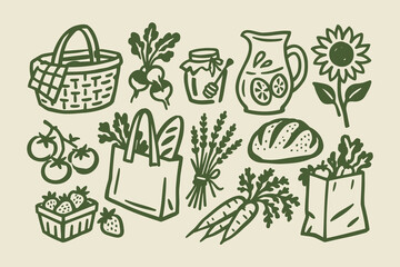 Fototapeta na wymiar Farmers Market Produce and Grocery Hand Drawn Doodle Set