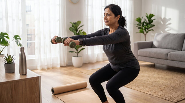 Mature South Asian woman doing dumbbell squats for strength training in a bright home living room.