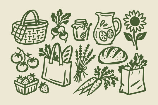 Farmers Market Produce and Grocery Hand Drawn Doodle Set