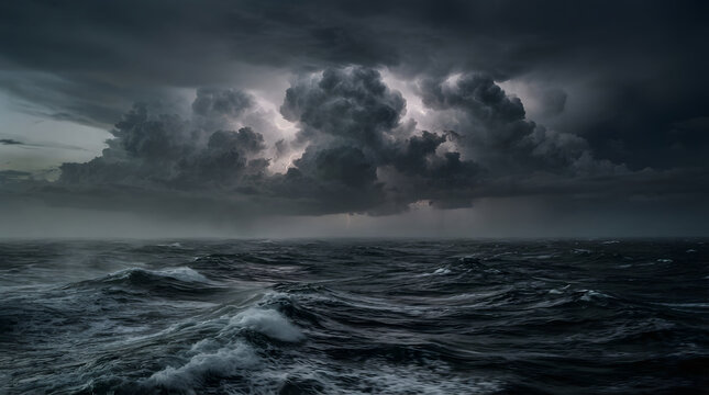 Dramatic ocean storm with dark waves and massive cumulonimbus clouds under moody sky creating powerful maritime atmosphere scene.