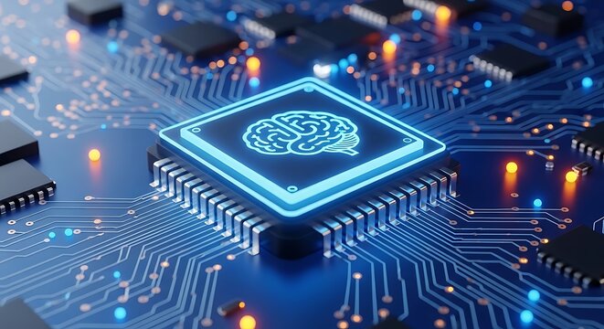 Computer processor chip with a glowing brain icon representing artificial intelligence on a blue circuit board