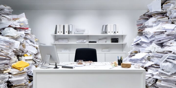 Cluttered Office Space Buried Under Paperwork, A Challenge to Productivity and Focus