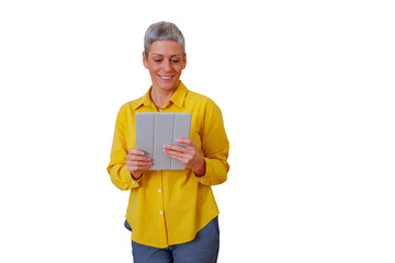 Senior woman smiling and using digital tablet for remote work, online learning, or video communication, transparent background © Komora