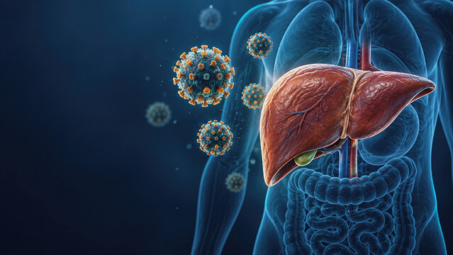 human liver anatomy and hepatitis b virus infection medical illustration with viruses