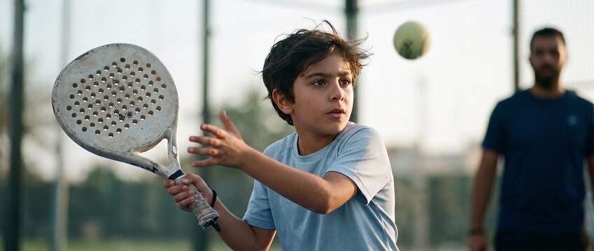 Determined boy tracks ball before controlled padel return on court. Concept of focus training, junior leagues and athletic progress.