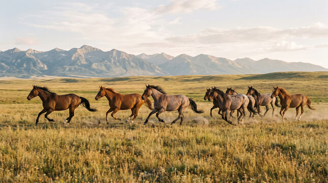 herd of horses running across meadow with mountains in background