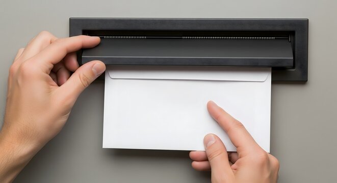 Person inserting white envelope into a residential door mail slot