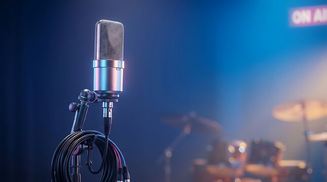 Professional studio microphone on a stand in a dimly lit recording room with musical instruments