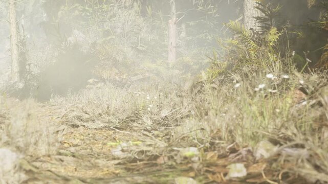 A fog covers a forest path made of dirt and small rocks. Grasses and small plants grow along the edges. The scene shows a quiet start to the day in a natural area.