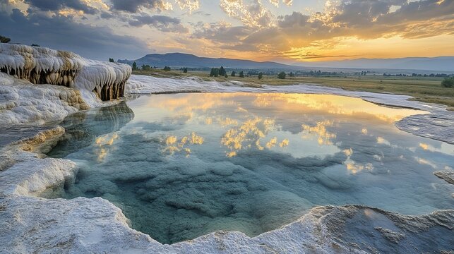 Stunning landscape view of turquoise thermal pools and white travertine terraces in Pamukkale Turkey