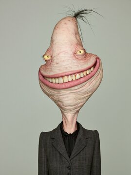Grotesque character portrait with a wide, toothy smile