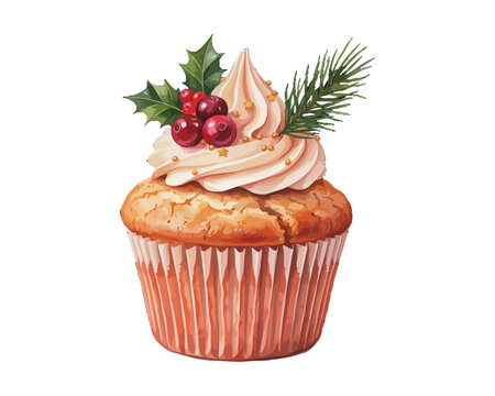 Christmas Muffin Watercolor Illustration, Cute Festive Holiday Dessert, Vector Illustration Isolated on White Background