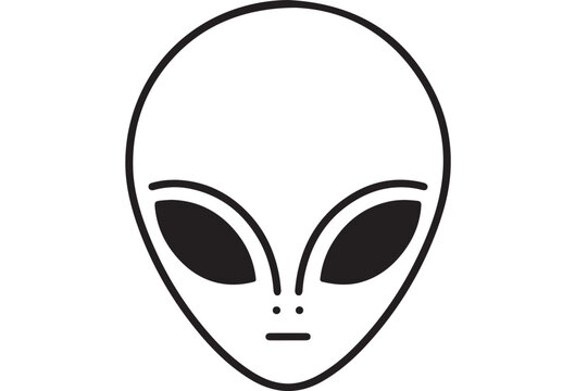 Stylized alien head vector illustration featuring bold black outlines and large almond shaped dark eyes on white background space