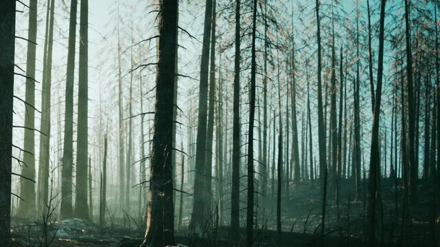 Tall trees stand in a forest that has been affected by fire. Smoke lingers in the air as sunlight filters through the branches and creates shadows on the ground.