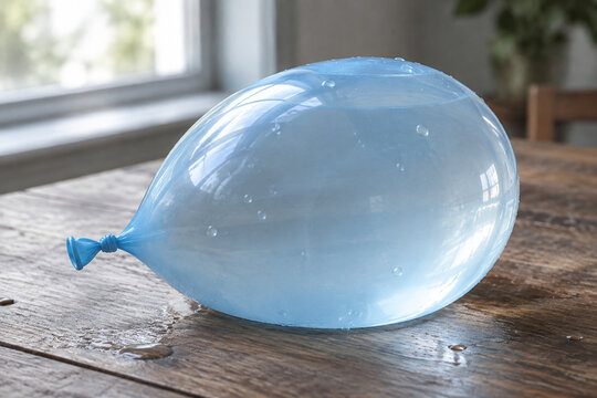 Overfilled translucent water balloon on wooden table, tension and fragility concept