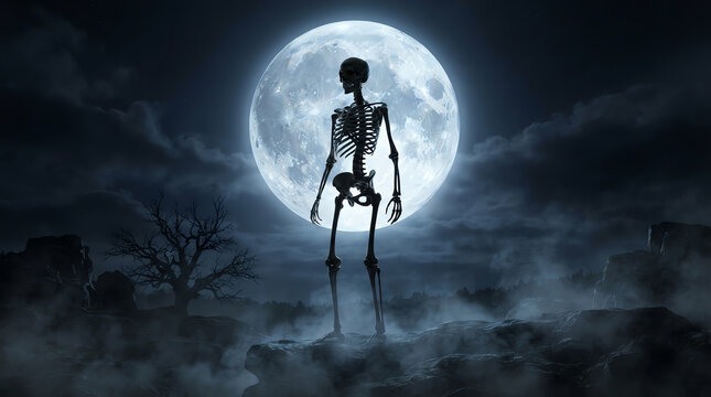 A spooky human skeleton standing in a dark foggy field under a bright full moon for a creepy halloween night horror background design