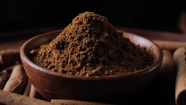 Ground cinnamon powder in a ceramic bowl, close-up view showing the fine texture and warm brown color, natural spice ingredient.