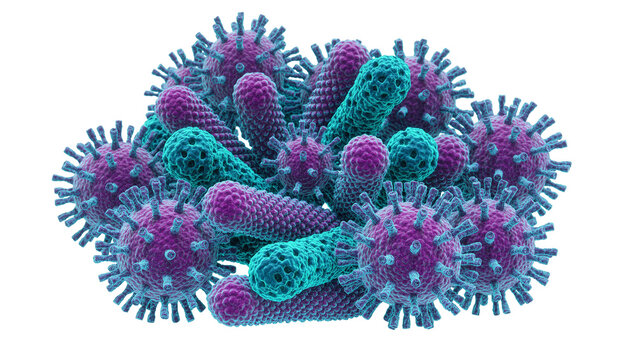 Cluster of purple spherical viruses and teal rod-shaped bacteria, isolated on transparent background