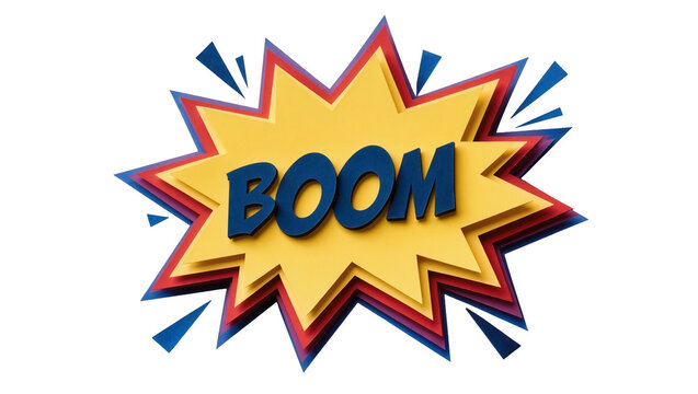 Layered yellow starburst comic book explosion with BOOM text, isolated on transparent background