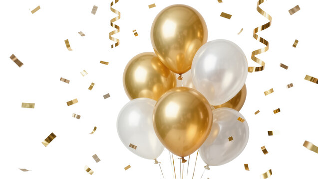 Golden and white balloons with falling confetti, isolated on transparent background