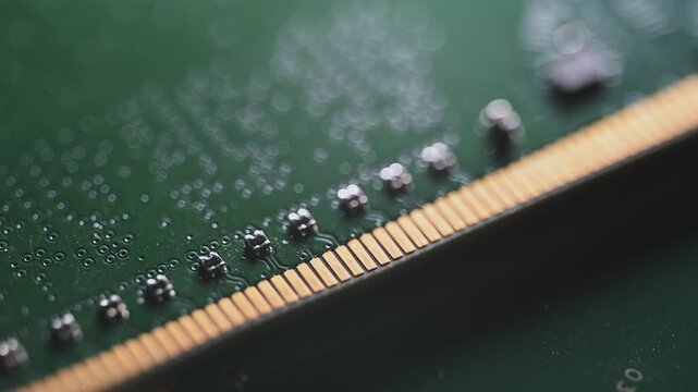 Macro Close Up of DDR4 RAM Gold Contacts with Shifting Colorful Light