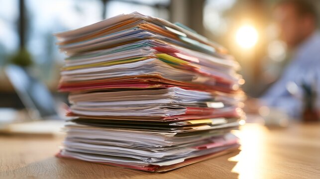 Stack of assorted paperwork and documents on a wooden desk with blurred office background and sunlight streaming through the window
