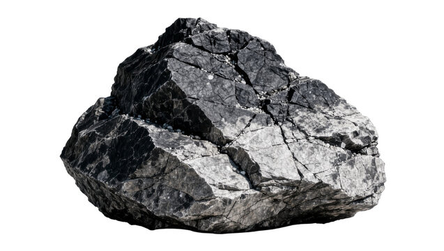 Jagged dark grey igneous rock with rough texture, isolated on transparent background