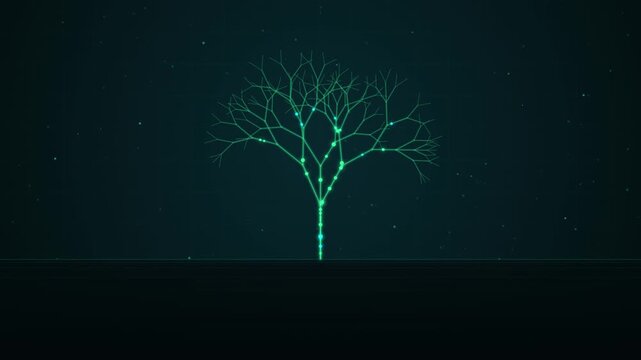Glowing digital tree with traveling data nodes and light pulses on dark background