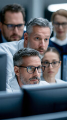 Obraz premium marketing team using artificial intelligence to review customer insights on a large office screen, realistic commercial stock photography