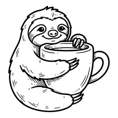 Fototapeta premium Sloth Hugging a Coffee Cup Black and White Illustration. Coffee line art tattoo