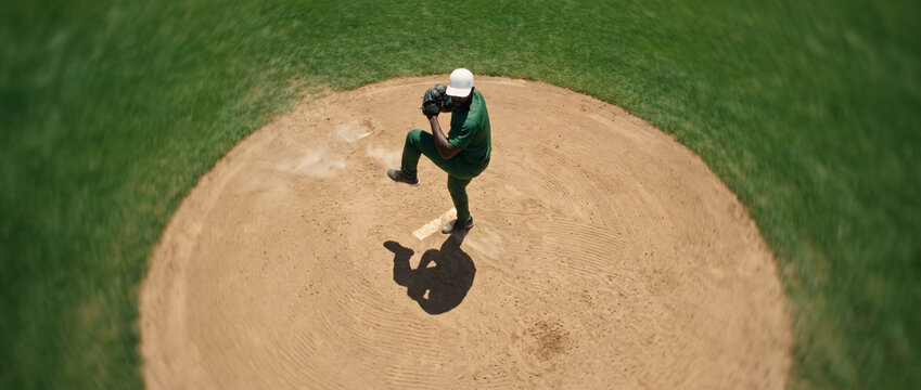 Top view shows pitcher centered on circular baseball mound. Concept of sports geometry, pitching mechanics and athletic coordination.