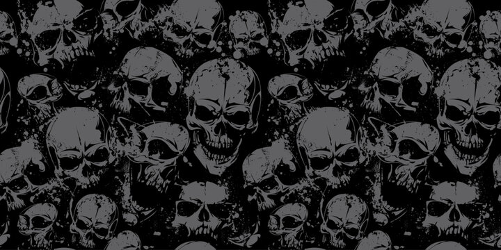 Dark grunge seamless pattern with skulls scattered